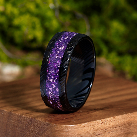 Natural Amethyst Damascus Steel Men' s Ring Hammered Black Unisex Wedding Band