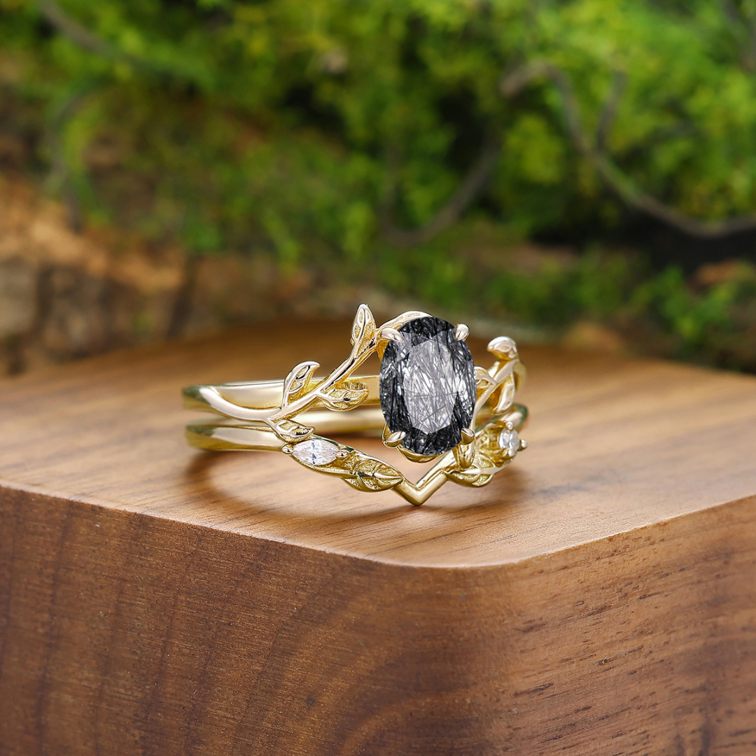 Exquisite Branches Black Rutilated Quartz Engagement Couples Ring Set Yellow Gold His And Hers Marriage Bands