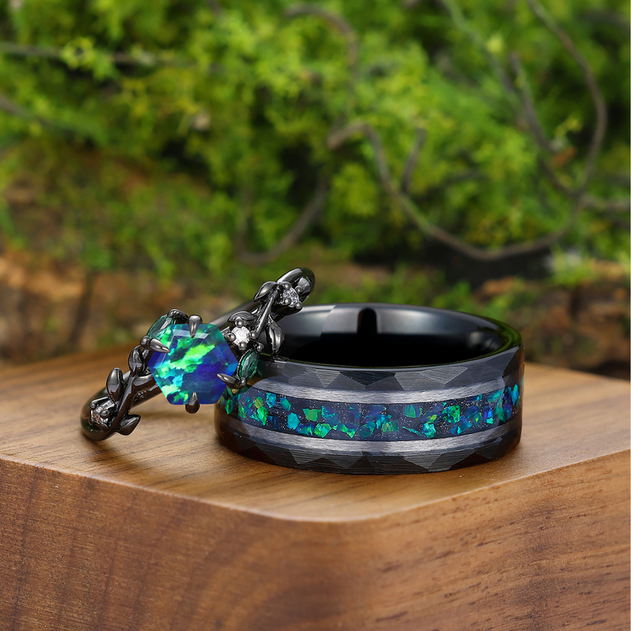 Romantic Peacock Green Filigreed Leaves Engagement Couples Ring Promise His And Hers Matching Wedding Bands -  Esdomera.com