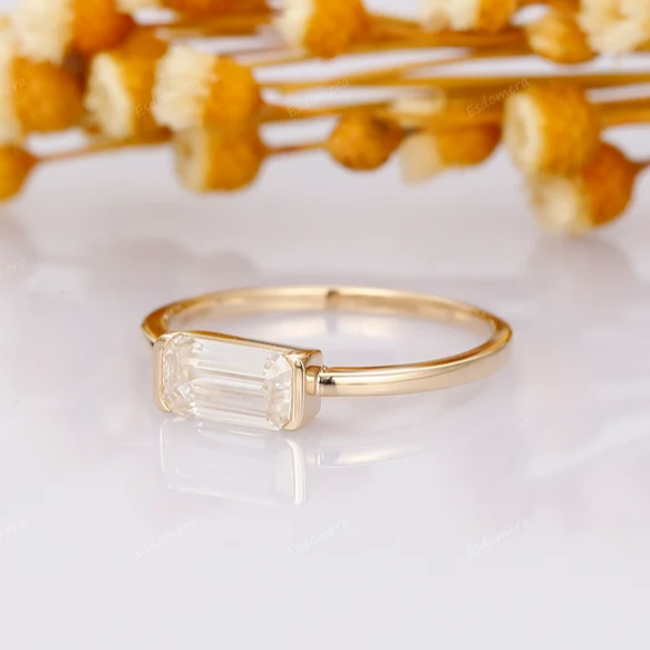 East West Emerald Cut 4.8x9mm Moissanite Engagement Ring, Elongated Emerald Moissanite Ring, Half Bezel Set Anniversary Ring For Women