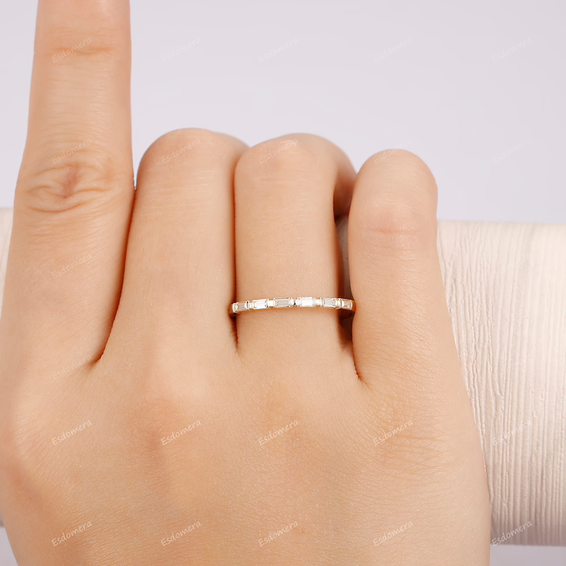 Gold Minimalist Ring, Low Profile Baguette Moissanite Bridal Ring, Dainty Baguette Stacking Ring, Brilliant Moissanite Wedding Band For Her