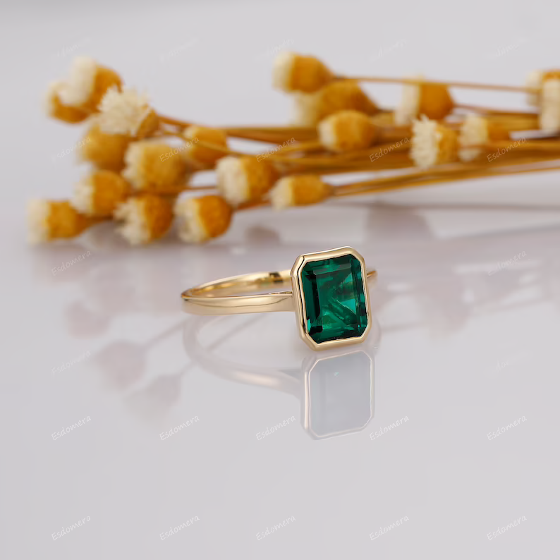 Unique May Birthstone Ring, 3CT Emerald Cut Emerald Engagement Ring, Bezel Set Emerald Anniversary Ring For Women, Vintage Solitaire Ring