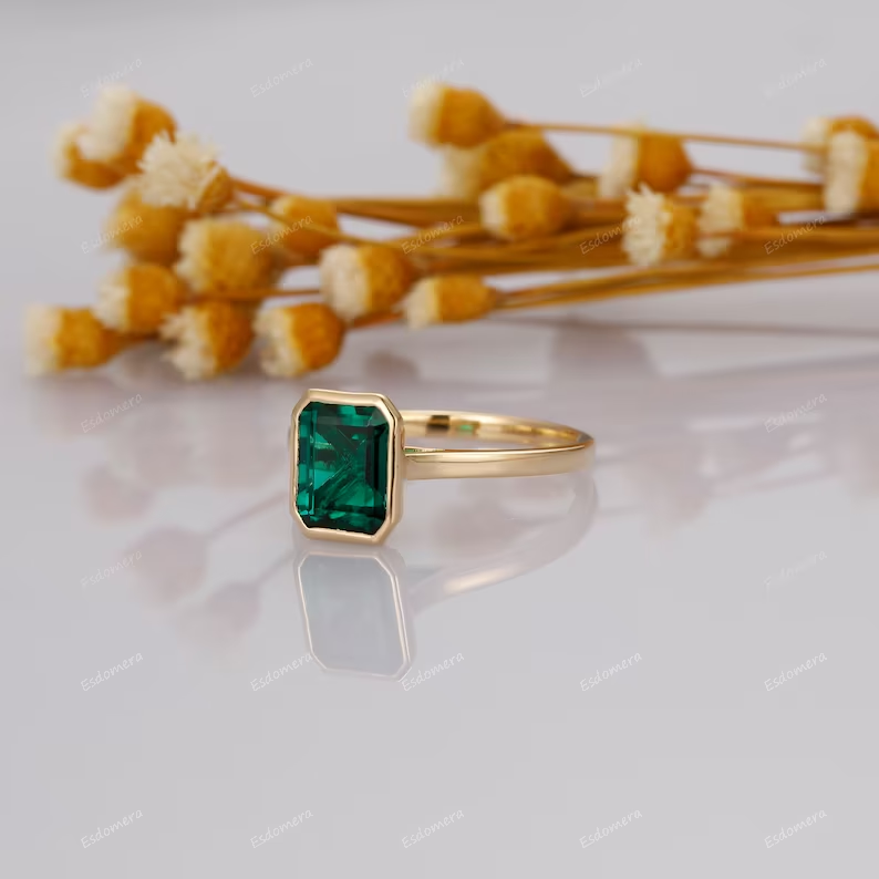 Unique May Birthstone Ring, 3CT Emerald Cut Emerald Engagement Ring, Bezel Set Emerald Anniversary Ring For Women, Vintage Solitaire Ring