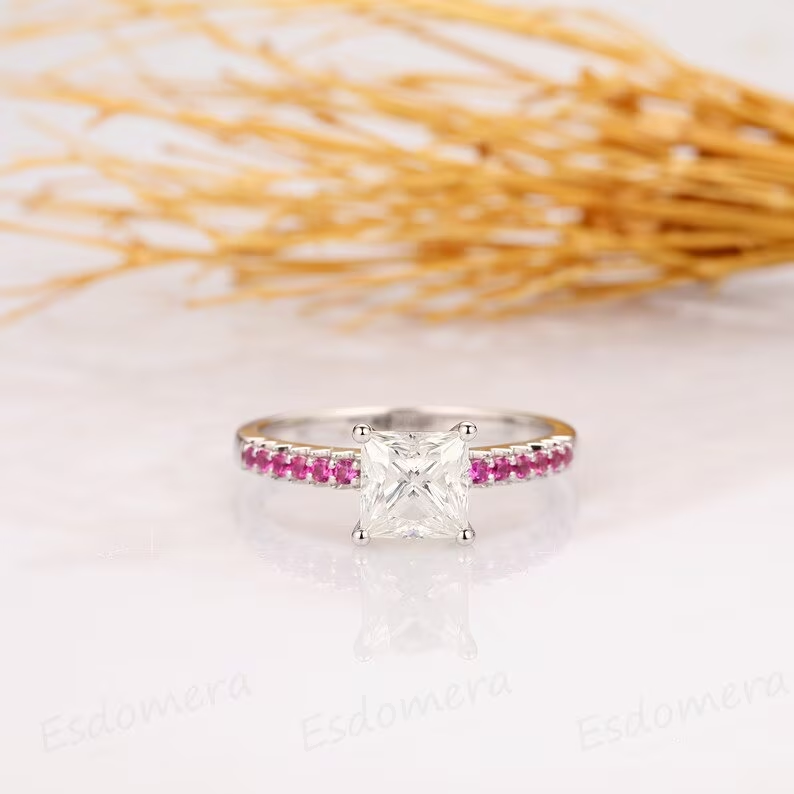 Custom Order-Platinum Ring Set, 3CT Princess Cut 8mm Moissanite Ring, With 2.5mm Band Width; With 2.5mm Wide Lab Ruby Wedding Band