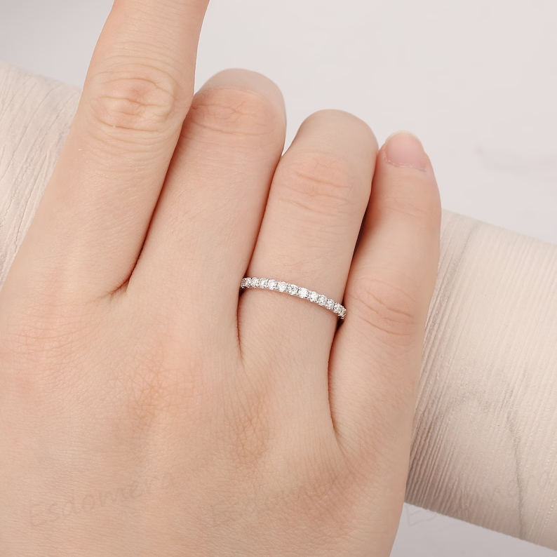 14K Solid White Gold Wedding Ring, Half Eternity Matching Ring, Promise Anniversary Ring, Birthday Gift For Lover, Dainty Bridal Ring