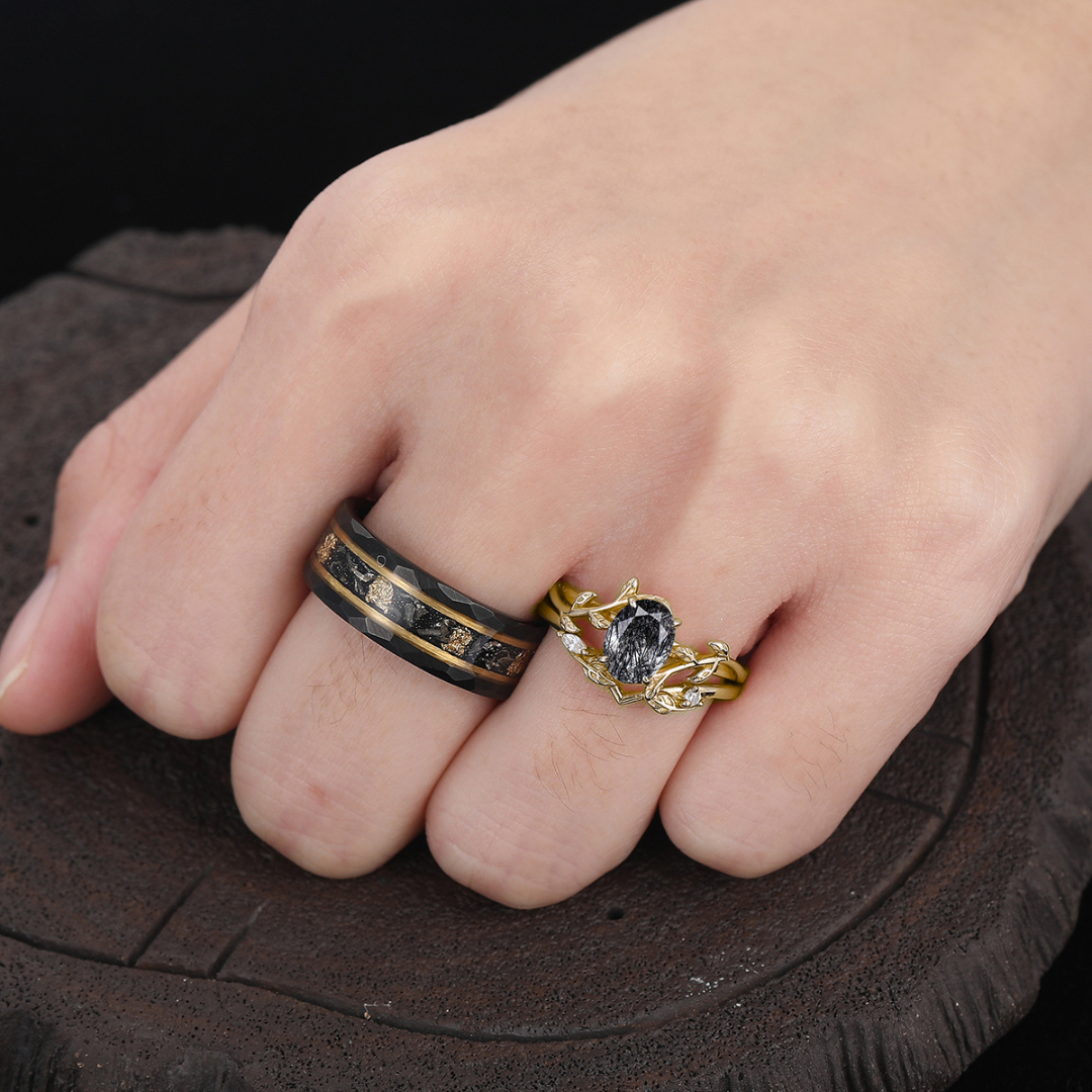 Exquisite Branches Black Rutilated Quartz Engagement Couples Ring Set Yellow Gold His And Hers Marriage Bands