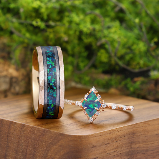 Delicate Rhombus Peacock Green Opal Engagement Couple Rings His And Hers Wedding Rings Modern Couple's Set