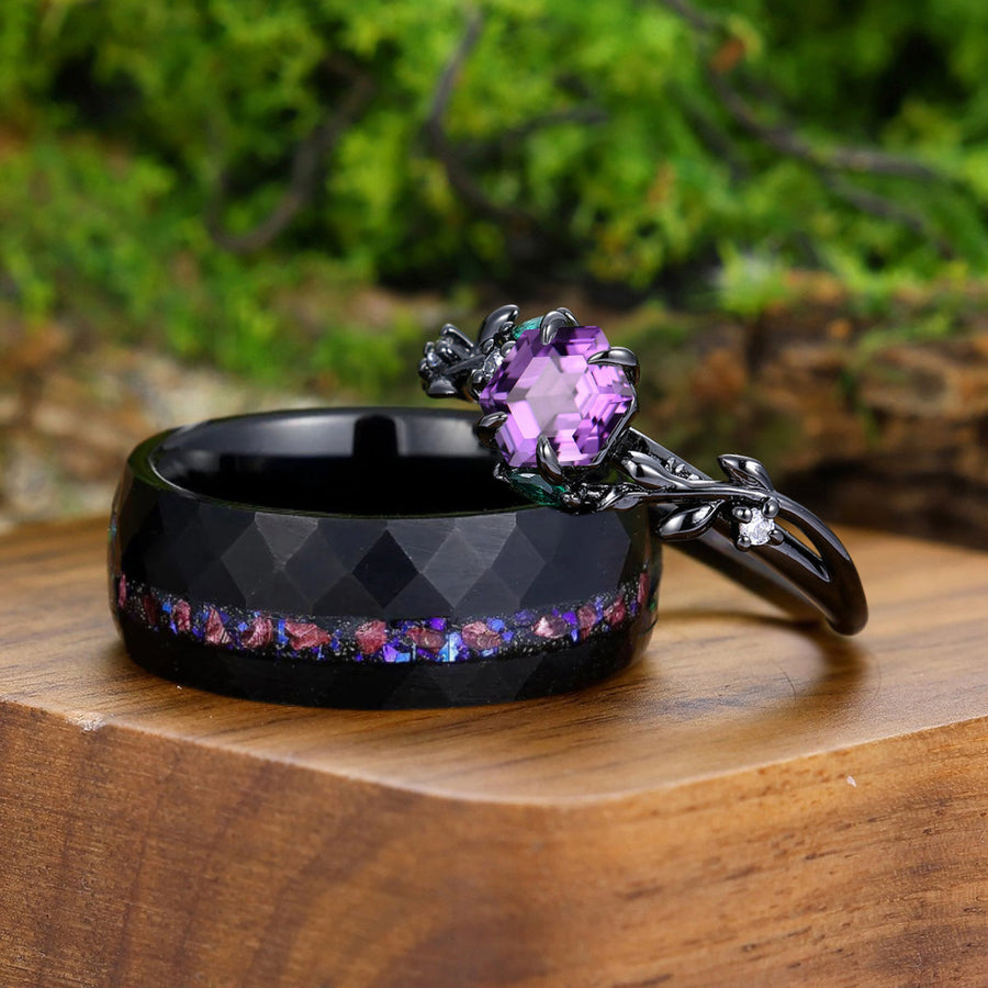 Wheat Shank Natural Amethyst Engagement Couple Rings 925 Sterling Silver And Black Tungsten Matching Ring -  Esdomera.com