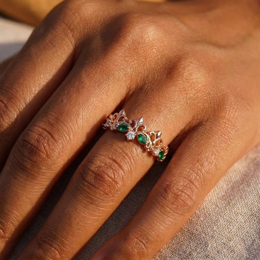 Marquise Cut Emerald Crown Statement Ring, 14K Rose Gold