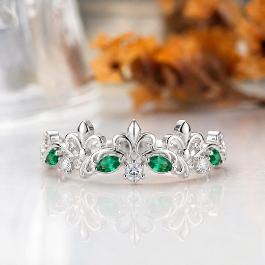 Marquise Cut Emerald Crown Statement Ring, 14K Rose Gold
