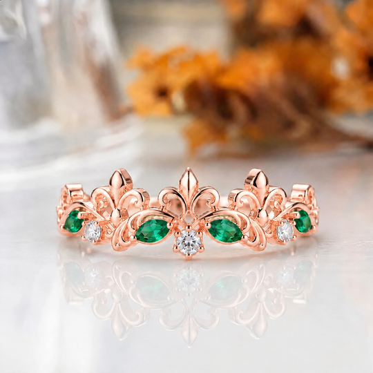 Marquise Cut Emerald Crown Statement Ring, 14K Rose Gold