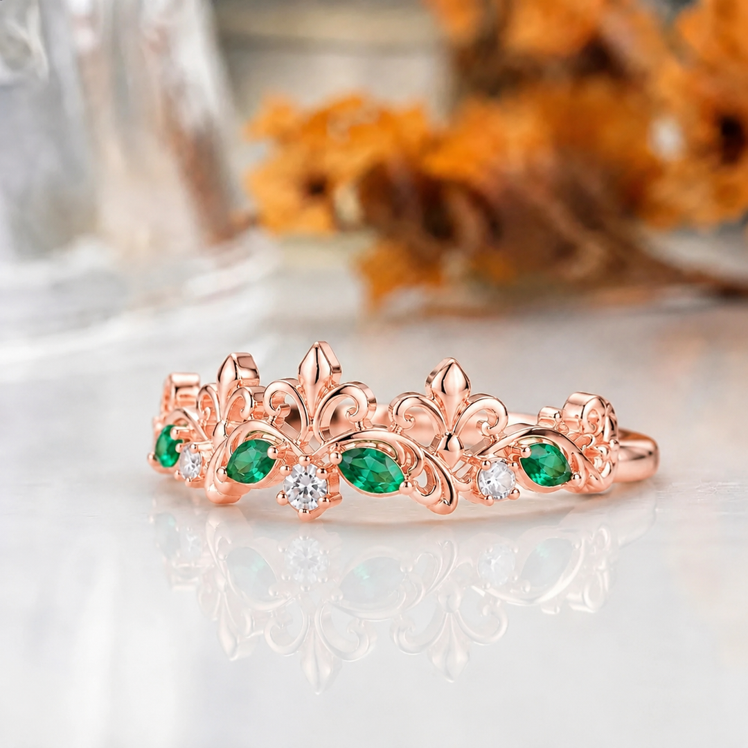 Marquise Cut Emerald Crown Statement Ring, 14K Rose Gold