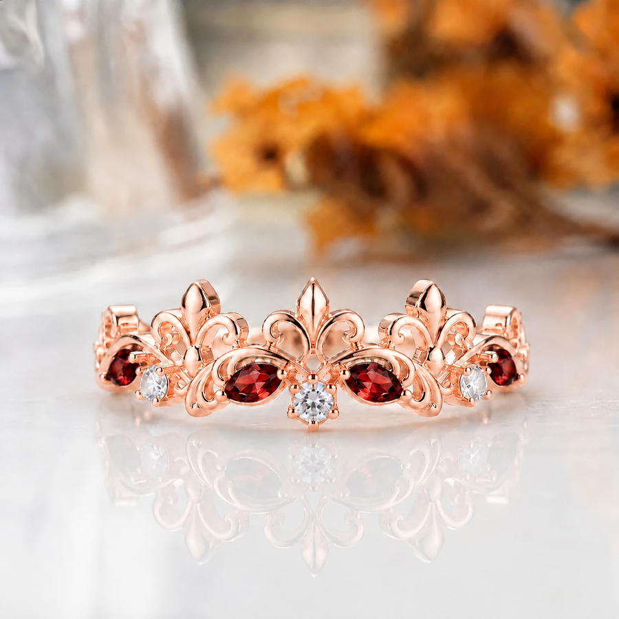 Royal Crown Red Garent and Moissanite Couple Rings S925 And Tungsten Matching Rings