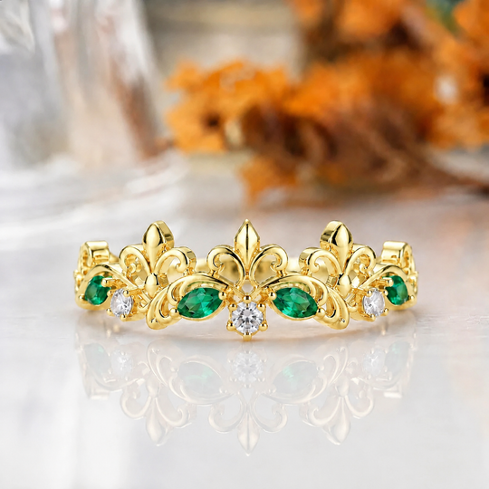 Marquise Cut Emerald Crown Statement Ring, 14K Rose Gold