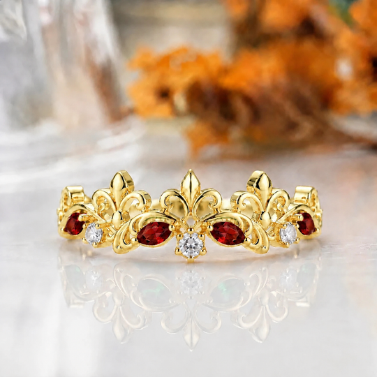 Oval Cut Red Garnet Crown Statement Ring, 14K Rose Gold