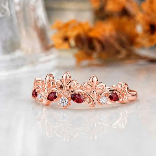 Oval Cut Red Garnet Crown Statement Ring, 14K Rose Gold