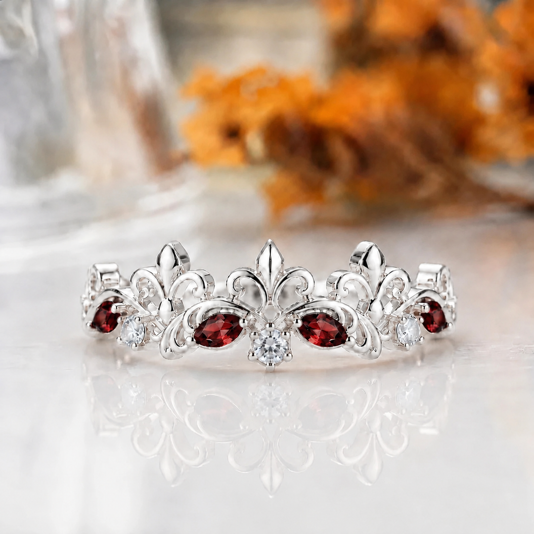 Oval Cut Red Garnet Crown Statement Ring, 14K Rose Gold