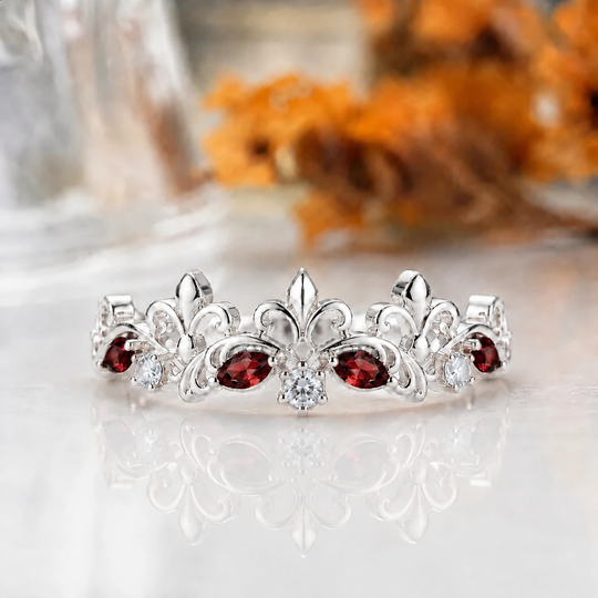 Oval Cut Red Garnet Crown Statement Ring, 14K Rose Gold