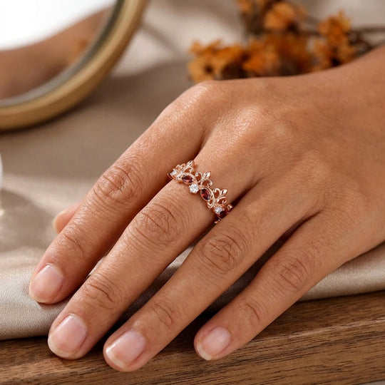 Oval Cut Red Garnet Crown Statement Ring, 14K Rose Gold