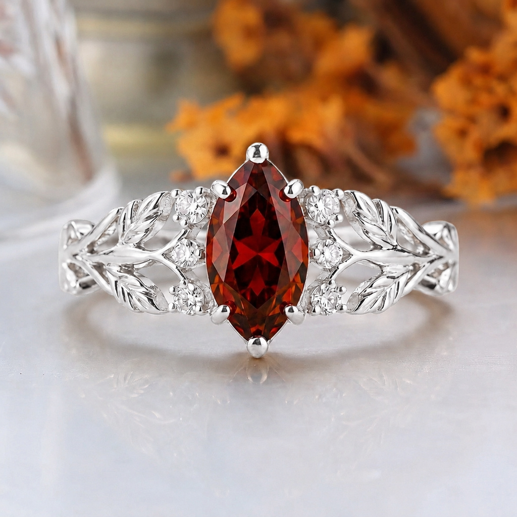 Oval Cut Natural Orange Garnet Vine Ring Set, 18K Solid Gold