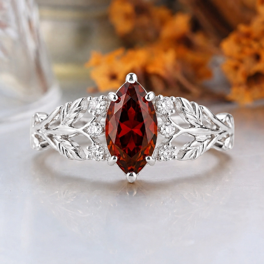 Oval Cut Natural Orange Garnet Vine Ring Set, 18K Solid Gold