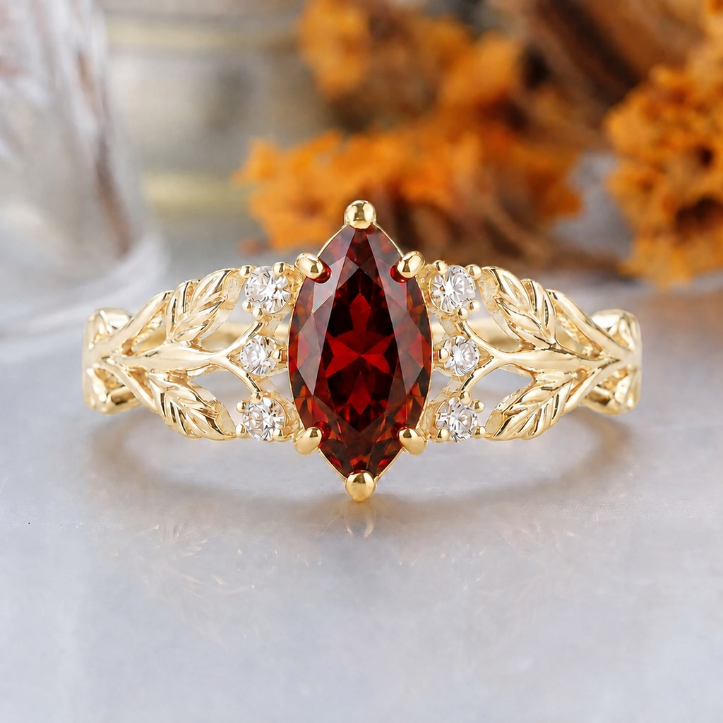 Oval Cut Natural Orange Garnet Vine Ring Set, 18K Solid Gold
