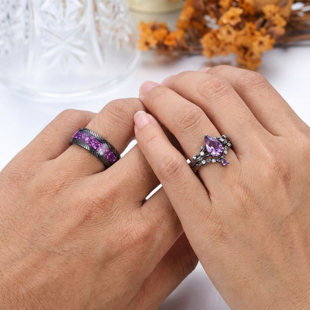 Personalisierte Birnenschliff Lila Amethyst Passende Ring Set Ast Blatt Form Amethyst Paare Ring
