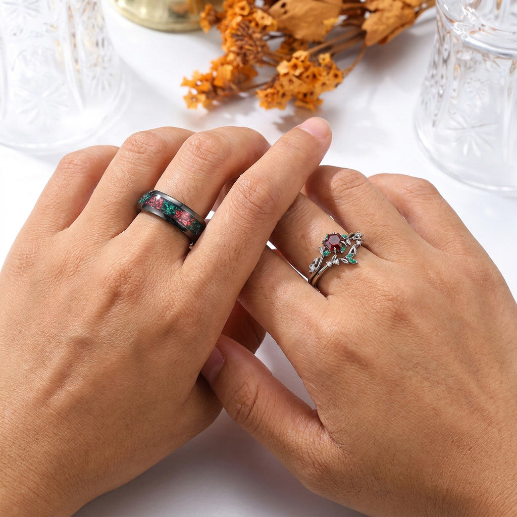 Gorgeous Red Garnet Sprig Engagement Couple Rings Set S925 And Tungsten Matching Ring