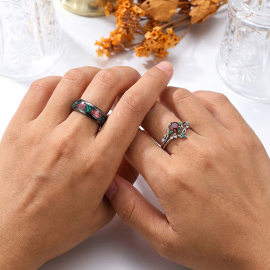 Gorgeous Red Garnet Sprig Engagement Couple Rings Set S925 And Tungsten Matching Ring