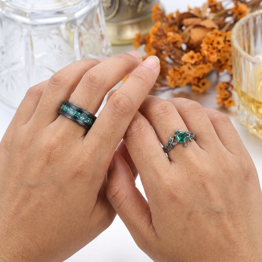 Hexagon Cut Emerald Sprig Leaf Couple Ring Green Emerald And Black His And Hers Rings