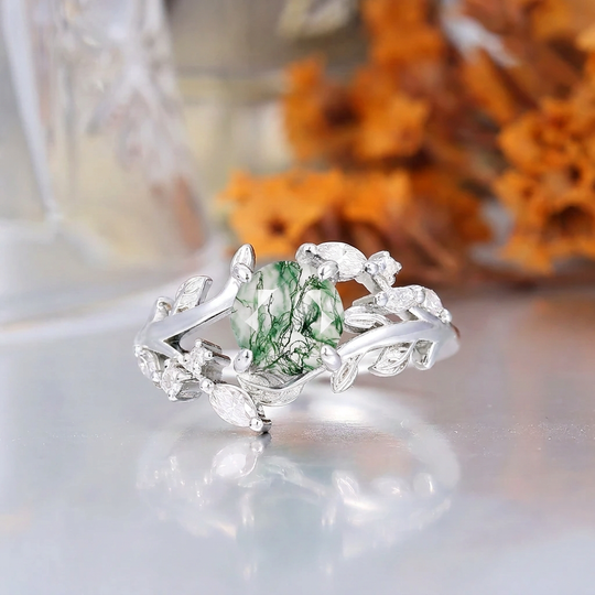 Whimsical Leaf-inspired Round Moss Agate Couple Rings S925 And Tungsten Matching Rings