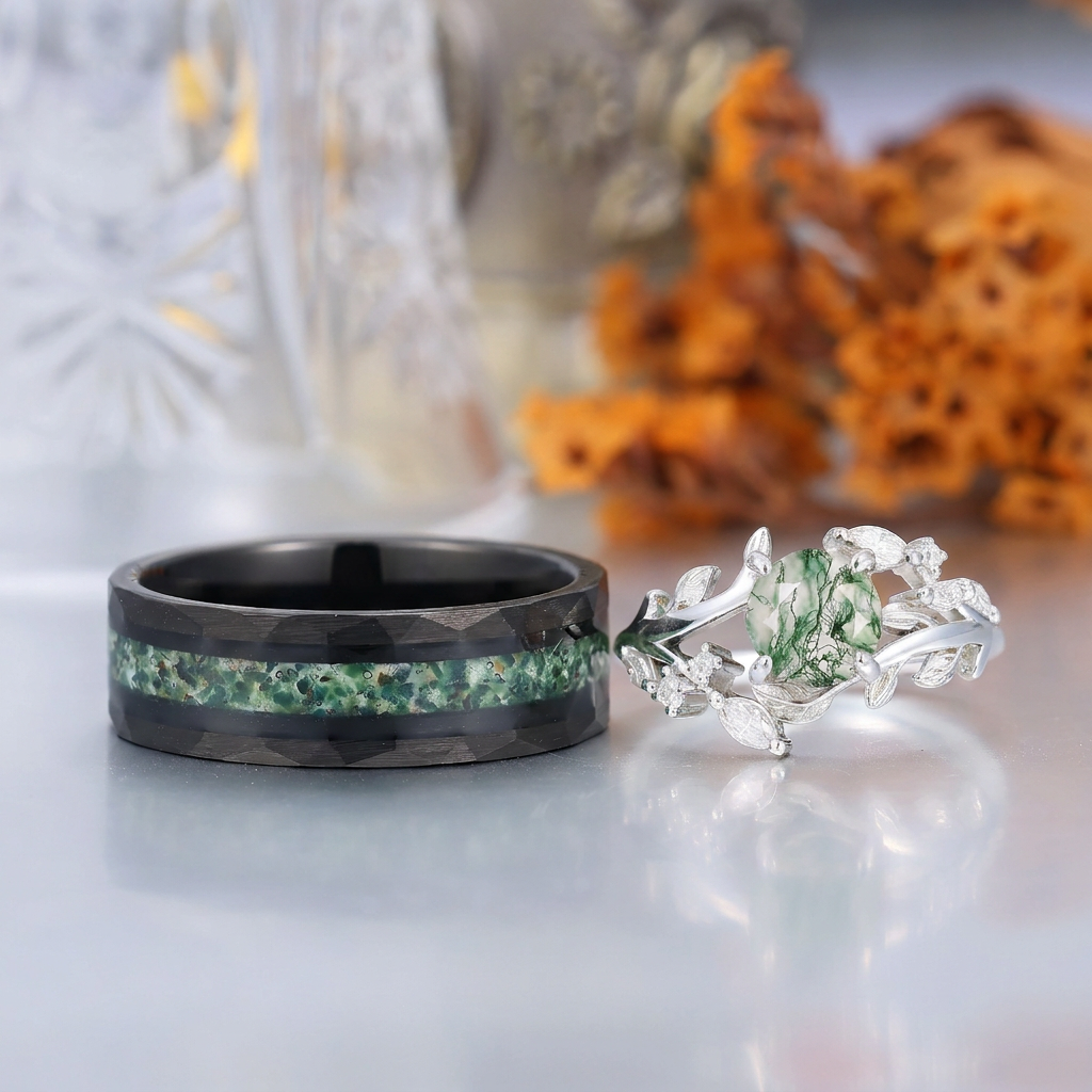 Whimsical Leaf-inspired Round Moss Agate Couple Rings S925 And Tungsten Matching Rings