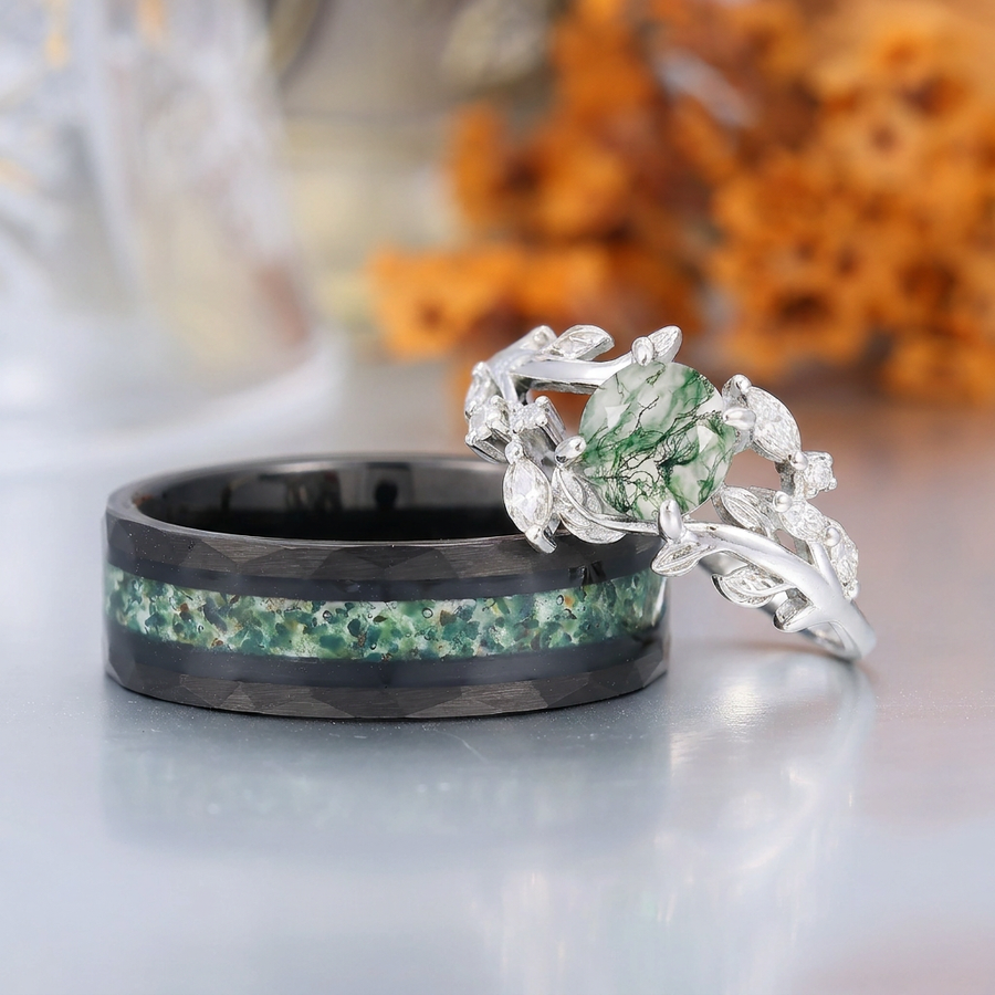 Whimsical Leaf-inspired Round Moss Agate Couple Rings S925 And Tungsten Matching Rings