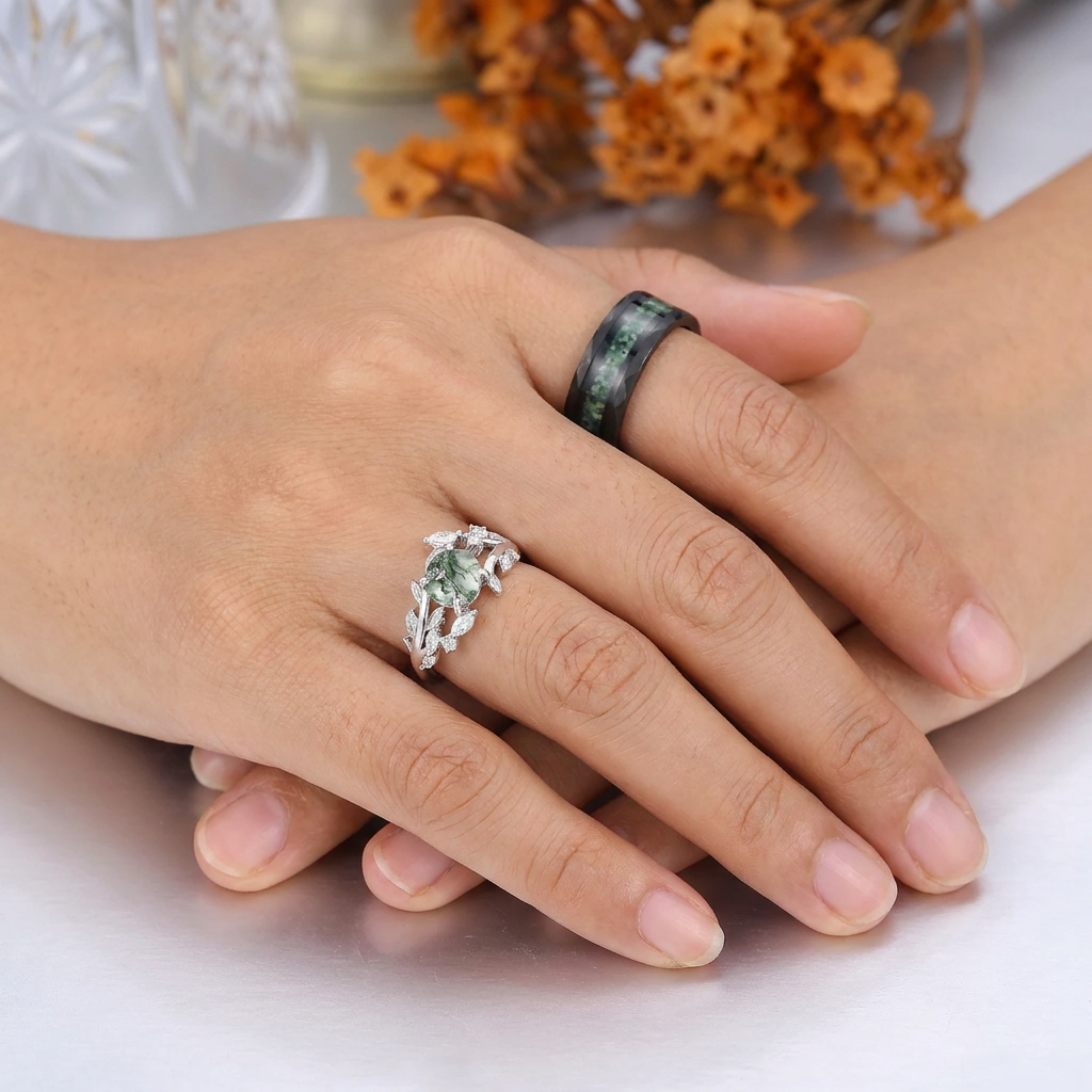 Whimsical Leaf-inspired Round Moss Agate Couple Rings S925 And Tungsten Matching Rings
