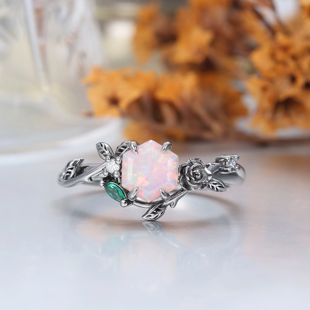 Rose Leaf Pink White Opal His And Hers Wedding Bands Personalized Couples' Set Birthday Ring