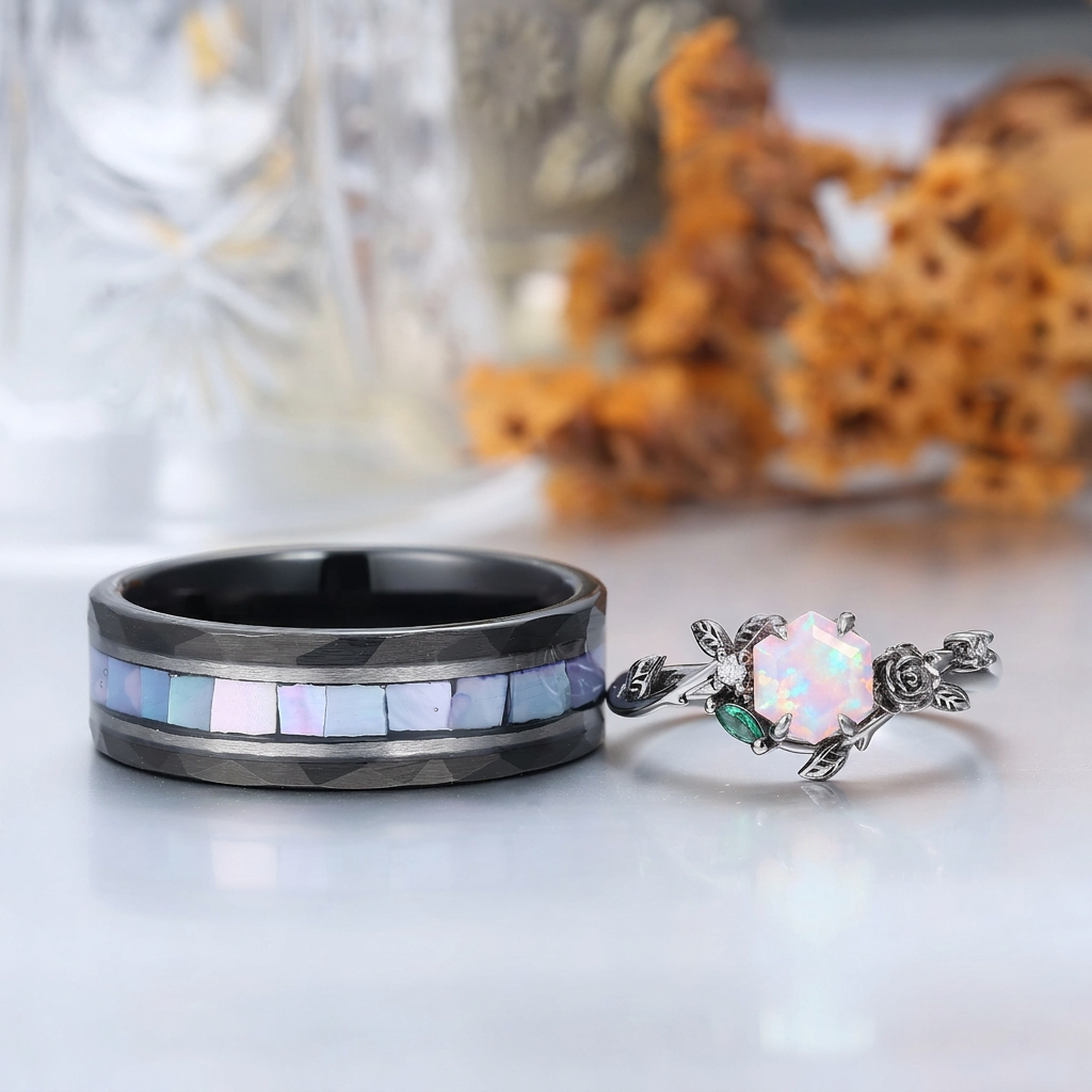 Rose Leaf Pink White Opal His And Hers Wedding Bands Personalized Couples' Set Birthday Ring