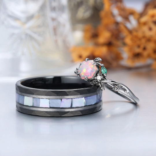 Rose Leaf Pink White Opal His And Hers Wedding Bands Personalized Couples' Set Birthday Ring