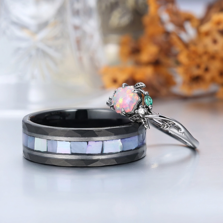Rose Leaf Pink White Opal His And Hers Wedding Bands Personalized Couples' Set Birthday Ring