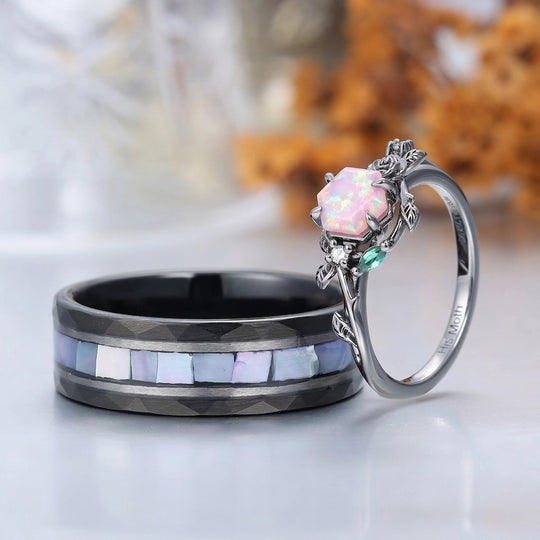 Rose Leaf Pink White Opal His And Hers Wedding Bands Personalized Couples' Set Birthday Ring