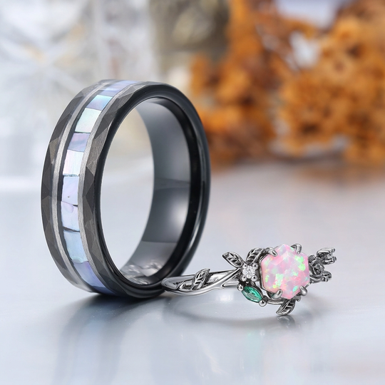 Rose Leaf Pink White Opal His And Hers Wedding Bands Personalized Couples' Set Birthday Ring