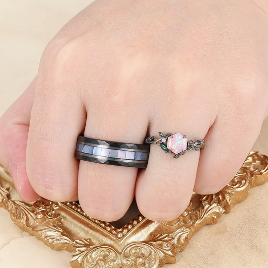 Rose Leaf Pink White Opal His And Hers Wedding Bands Personalized Couples' Set Birthday Ring