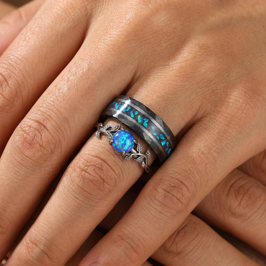 Leaf Design Peacock Green Opal Engagement Couples Ring Set Sterling Silver And Tungsten Matching Ring