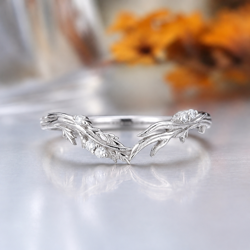 Nature Inspired Leaf Vine Curved Wedding Band Stacking Ring, 14K Gold