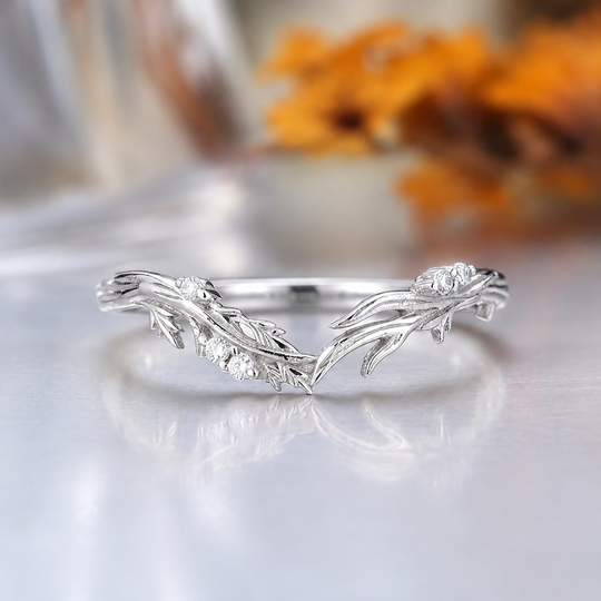 Nature Inspired Leaf Vine Curved Wedding Band Stacking Ring, 14K Gold