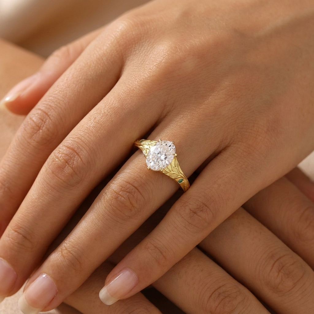 1.5CT Oval Cut Moissanite Nature Inspired Leaf Engagement Ring, 14K Gold