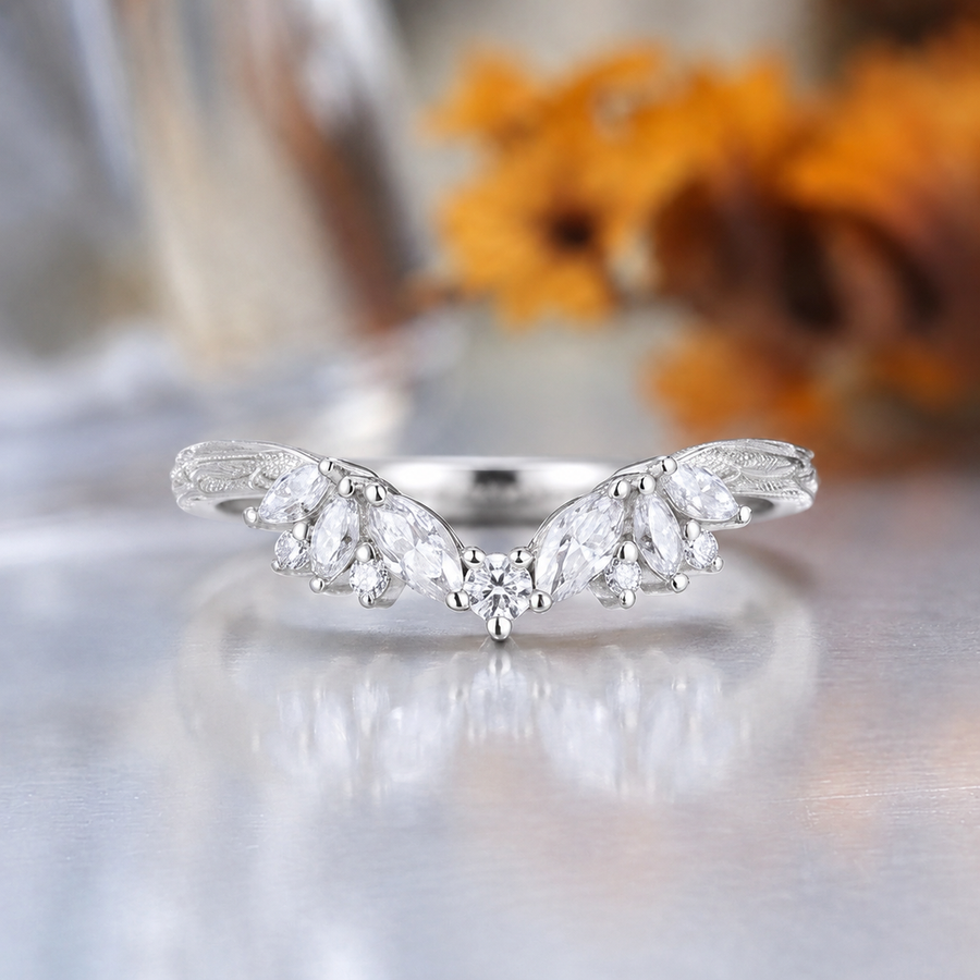 Nature Inspired Marquise Leaf Curved Wedding Band Stacking Ring, 14K Gold