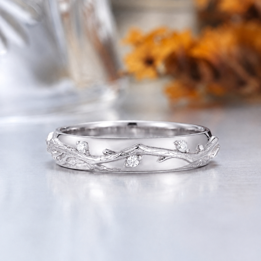 Fern Twig Simulated Diamond Wedding Band, 14K Gold