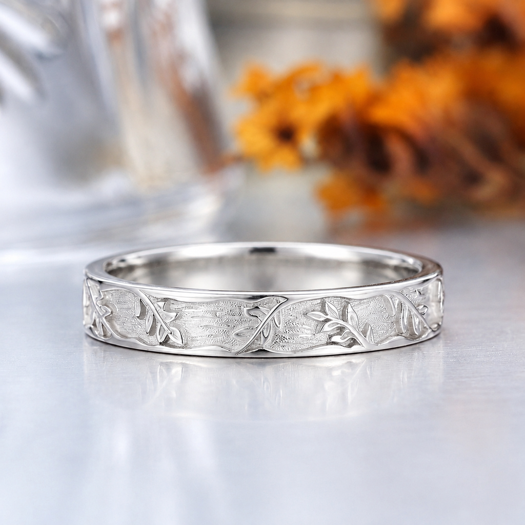 Fern Root Vine Engraved Wedding Band, 14K Gold
