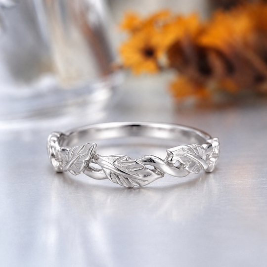 Sculpted Laurel Leaf Wedding Band, 14K Gold