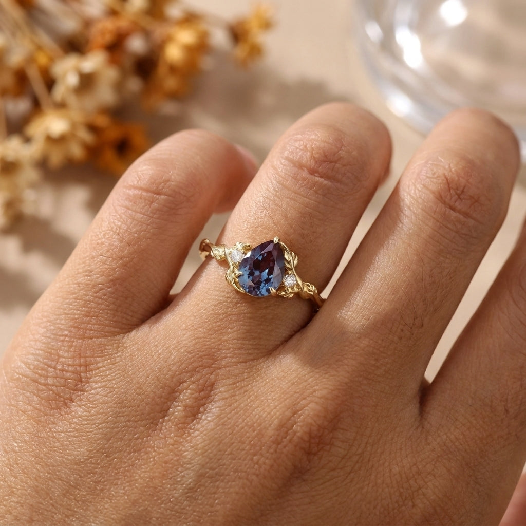 1.5CT Pear Cut Alexandrite Fern Vine Engagement Ring, 14K Gold